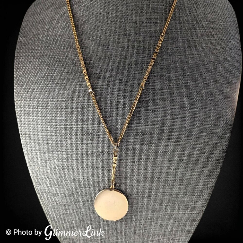 Vintage Gold Tone Engravable Locket Y Drop Necklace Long Locket Chain - Picture 13 of 16